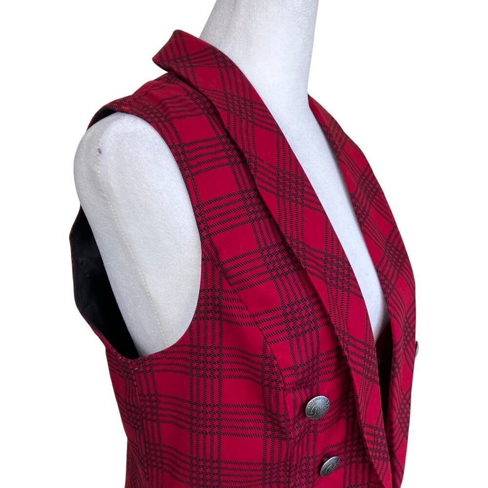 Guess Sz M Red & Black Plaid Double-Breasted Military Style Vest Punk Rock Y2K - Picture 6 of 16